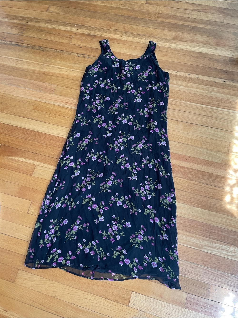90’s Black Floral Slip Dress with Purple Blooms